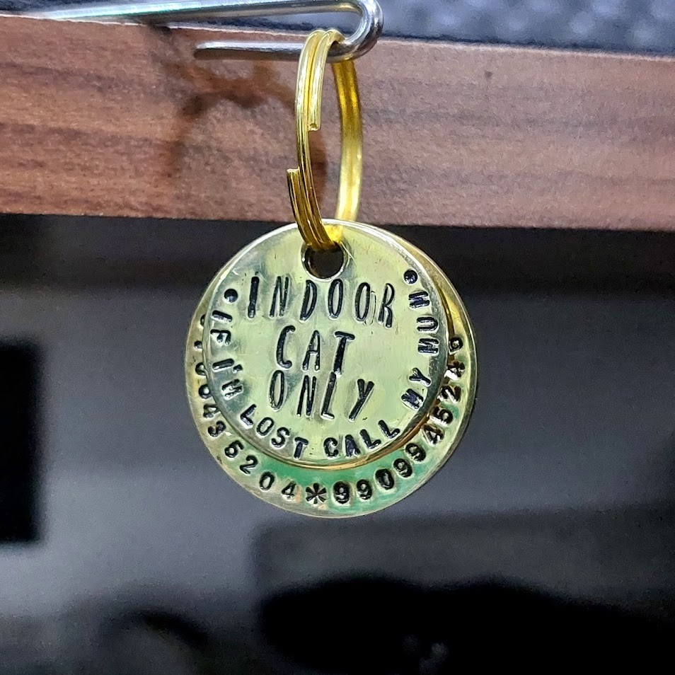 Cat Kitten pet hand stamped brass tag
