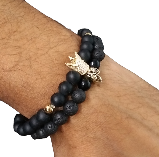 Bead bracelet Bead Crown & Skull Black & Gold 8mm (Set of 2 pcs.) Bead Bracelets Lava Stone for Men.