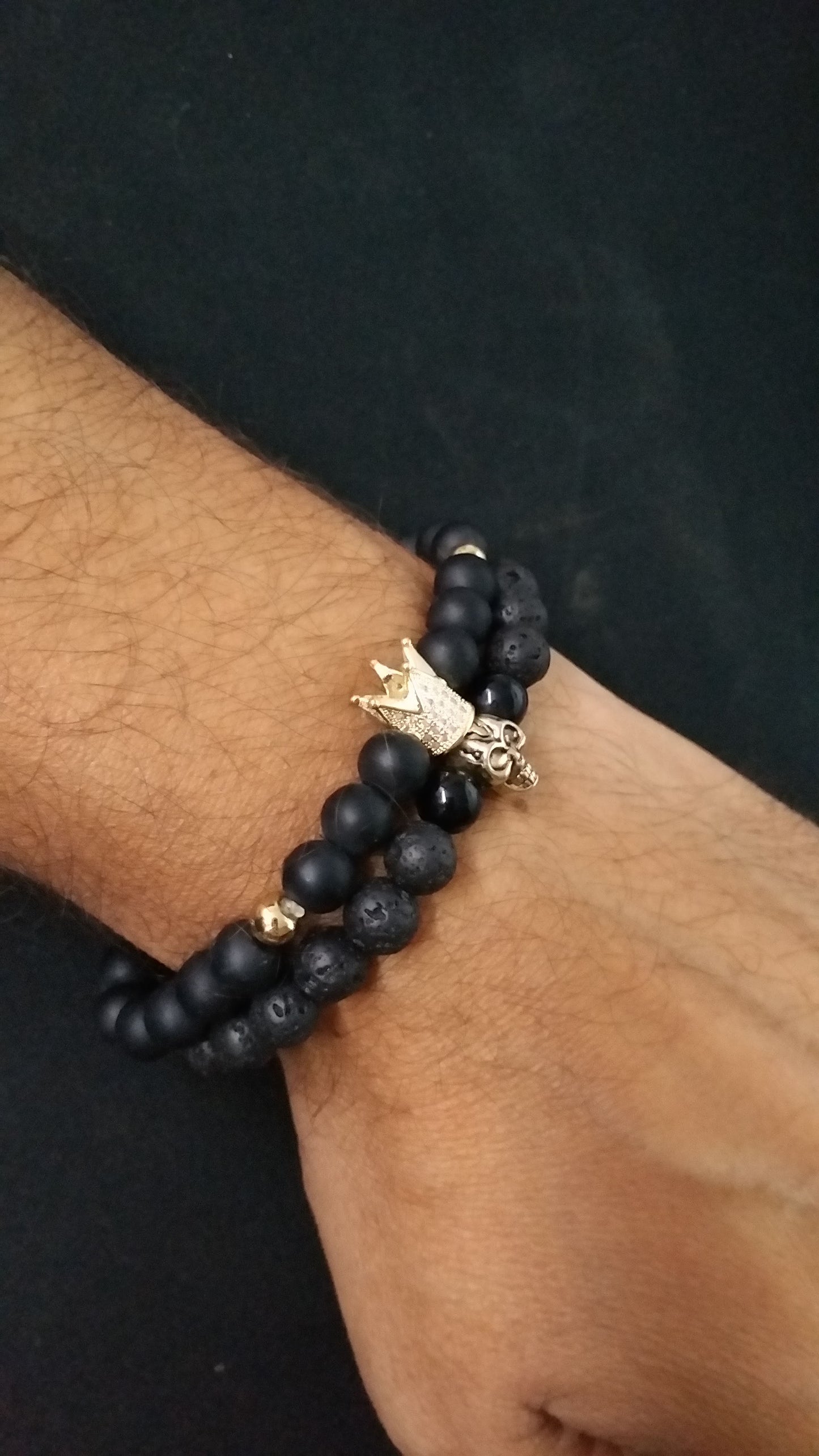 Bead bracelet Bead Crown & Skull Black & Gold 8mm (Set of 2 pcs.) Bead Bracelets Lava Stone for Men.