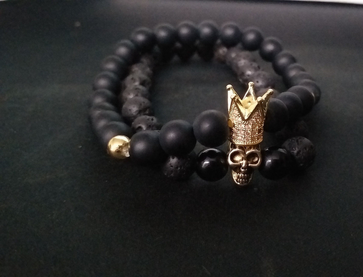 Bead bracelet Bead Crown & Skull Black & Gold 8mm (Set of 2 pcs.) Bead Bracelets Lava Stone for Men.