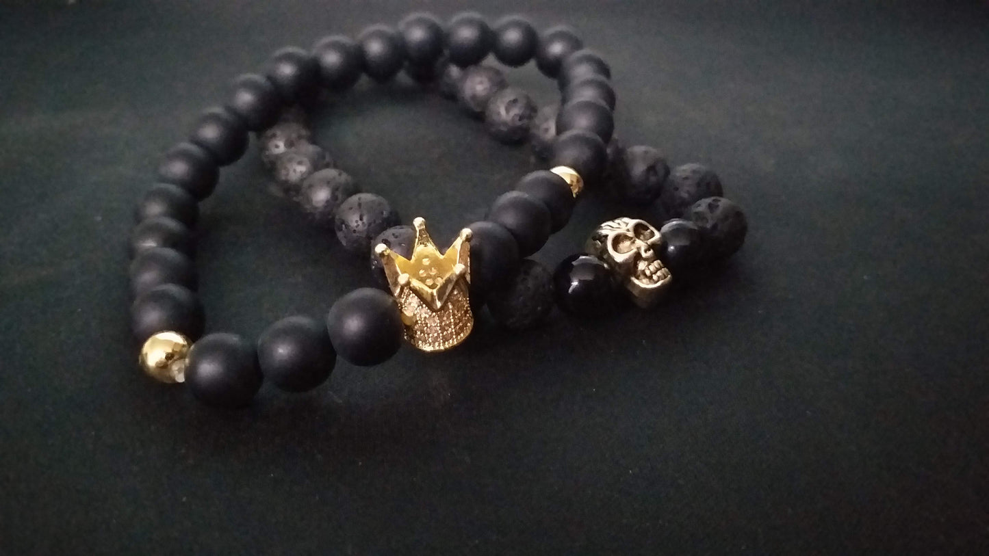 Bead bracelet Bead Crown & Skull Black & Gold 8mm (Set of 2 pcs.) Bead Bracelets Lava Stone for Men.