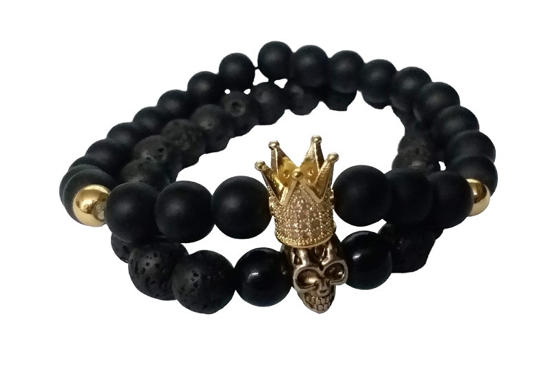 Bead bracelet Bead Crown & Skull Black & Gold 8mm (Set of 2 pcs.) Bead Bracelets Lava Stone for Men.