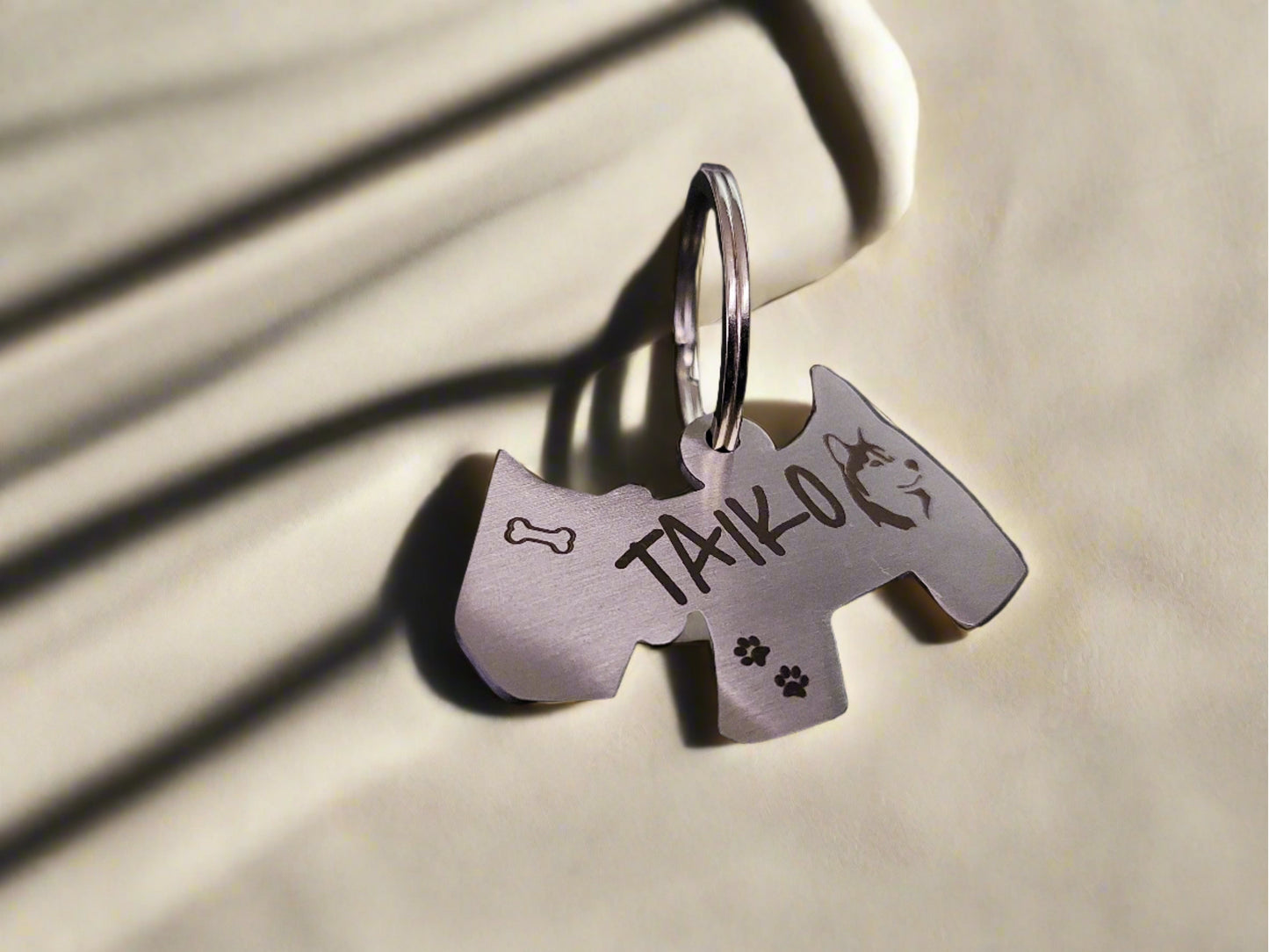 Dog shaped Name Tags in Stainless Steel Laser Engraved for Medium to Large Pet Dogs