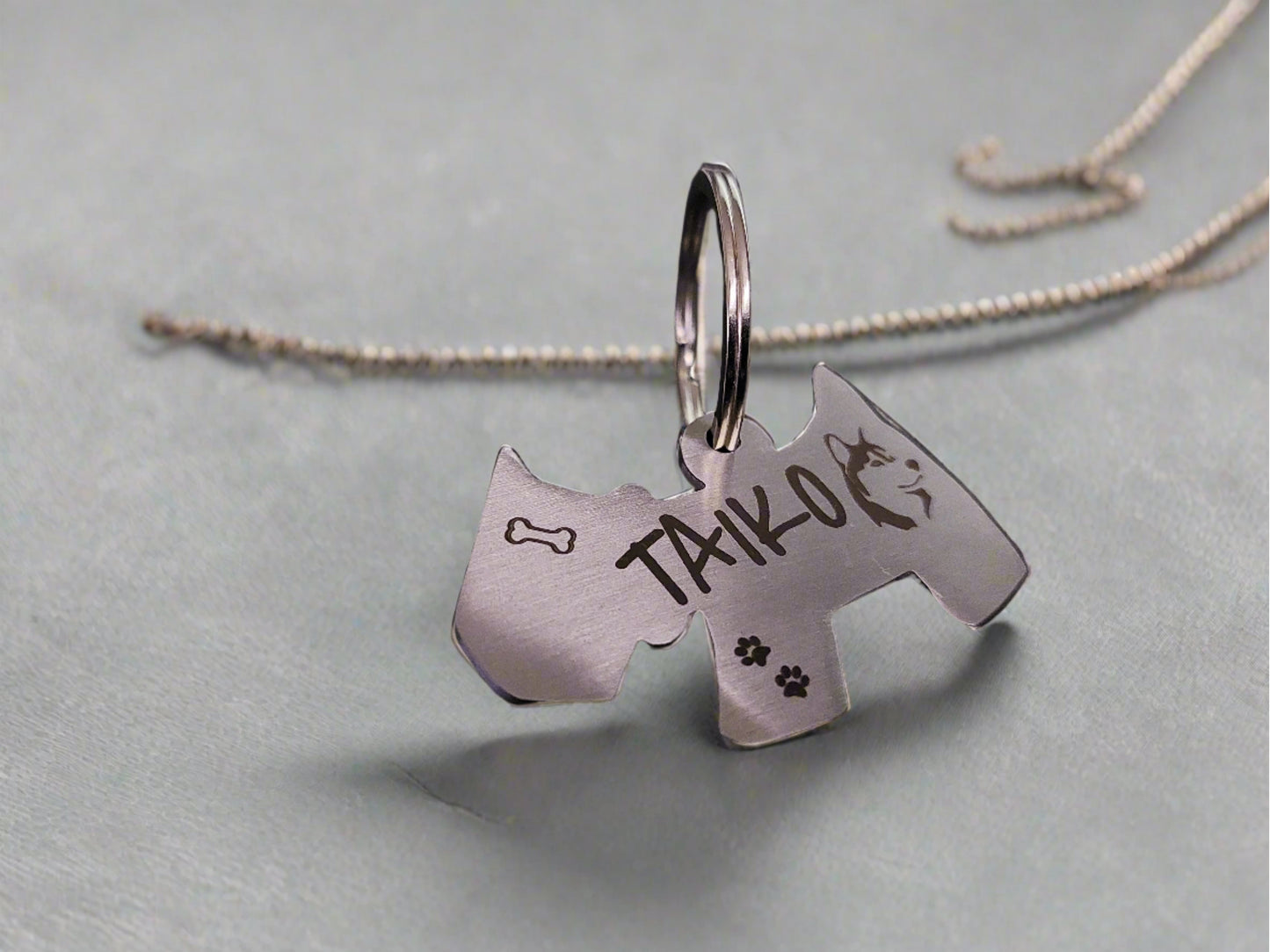 Dog shaped Name Tags in Stainless Steel Laser Engraved for Medium to Large Pet Dogs
