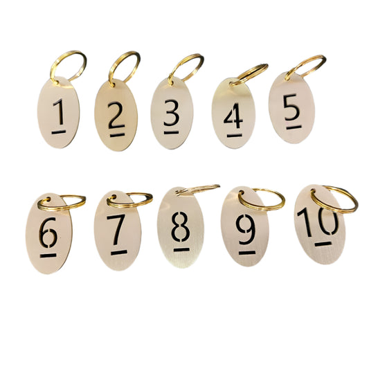 Oval Cut Out Numbered 1-10 Brass Tags with Key Rings