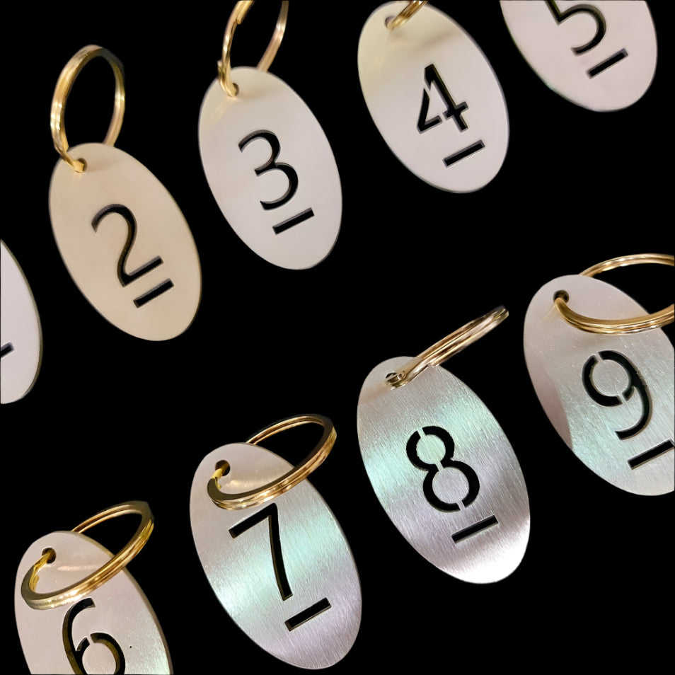Oval Cut Out Numbered 1-10 Brass Tags with Key Rings