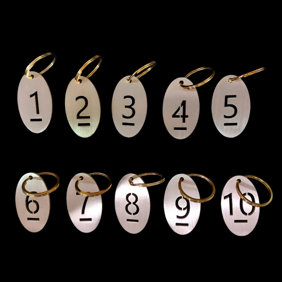 Oval Cut Out Numbered 1-10 Brass Tags with Key Rings