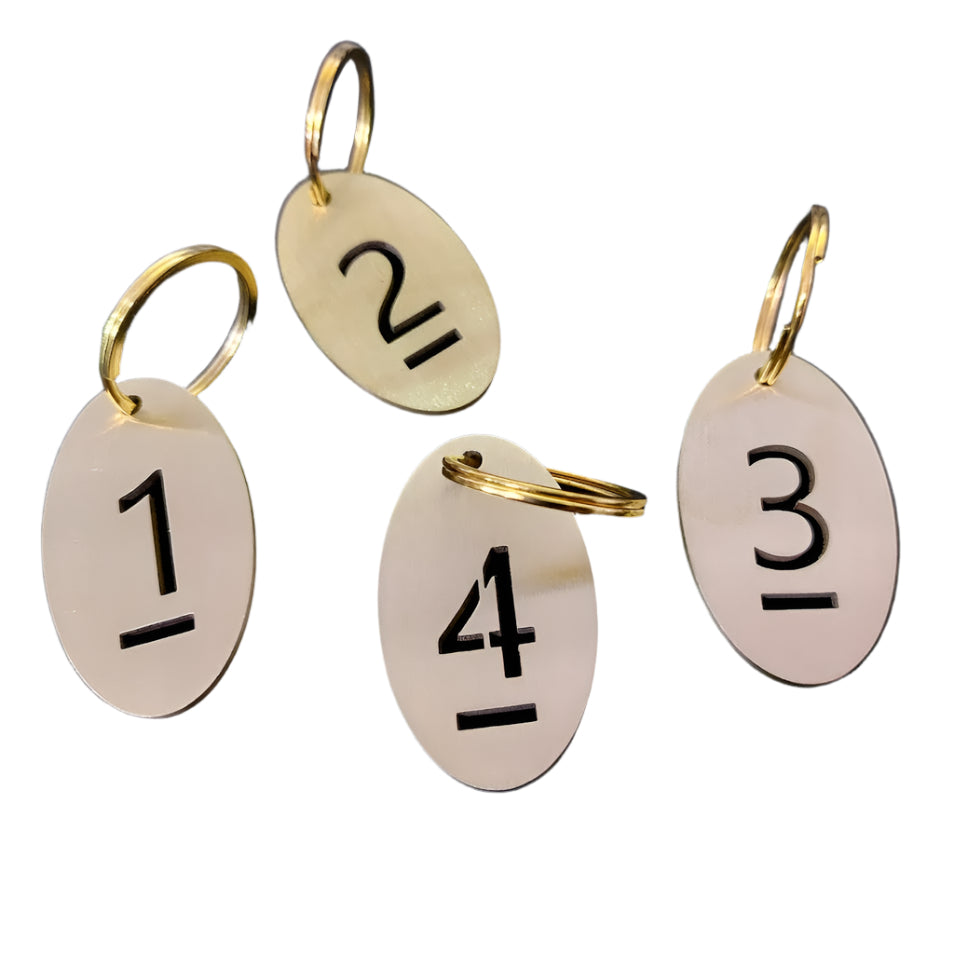Oval Cut Out Numbered 1-10 Brass Tags with Key Rings