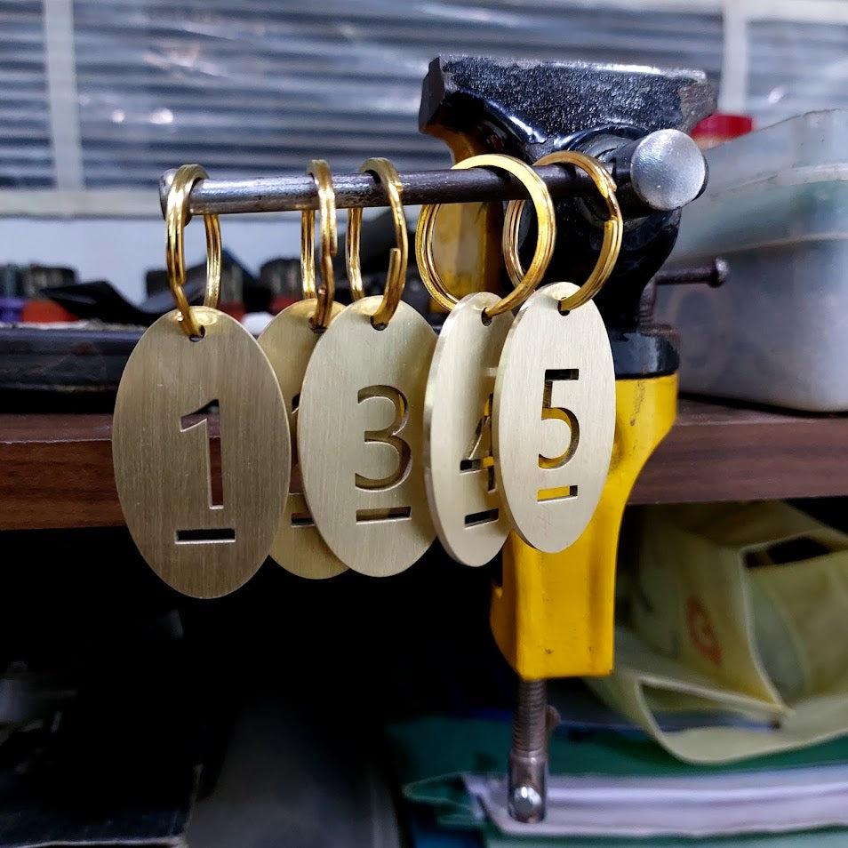 Oval Cut Out Numbered 1-10 Brass Tags with Key Rings