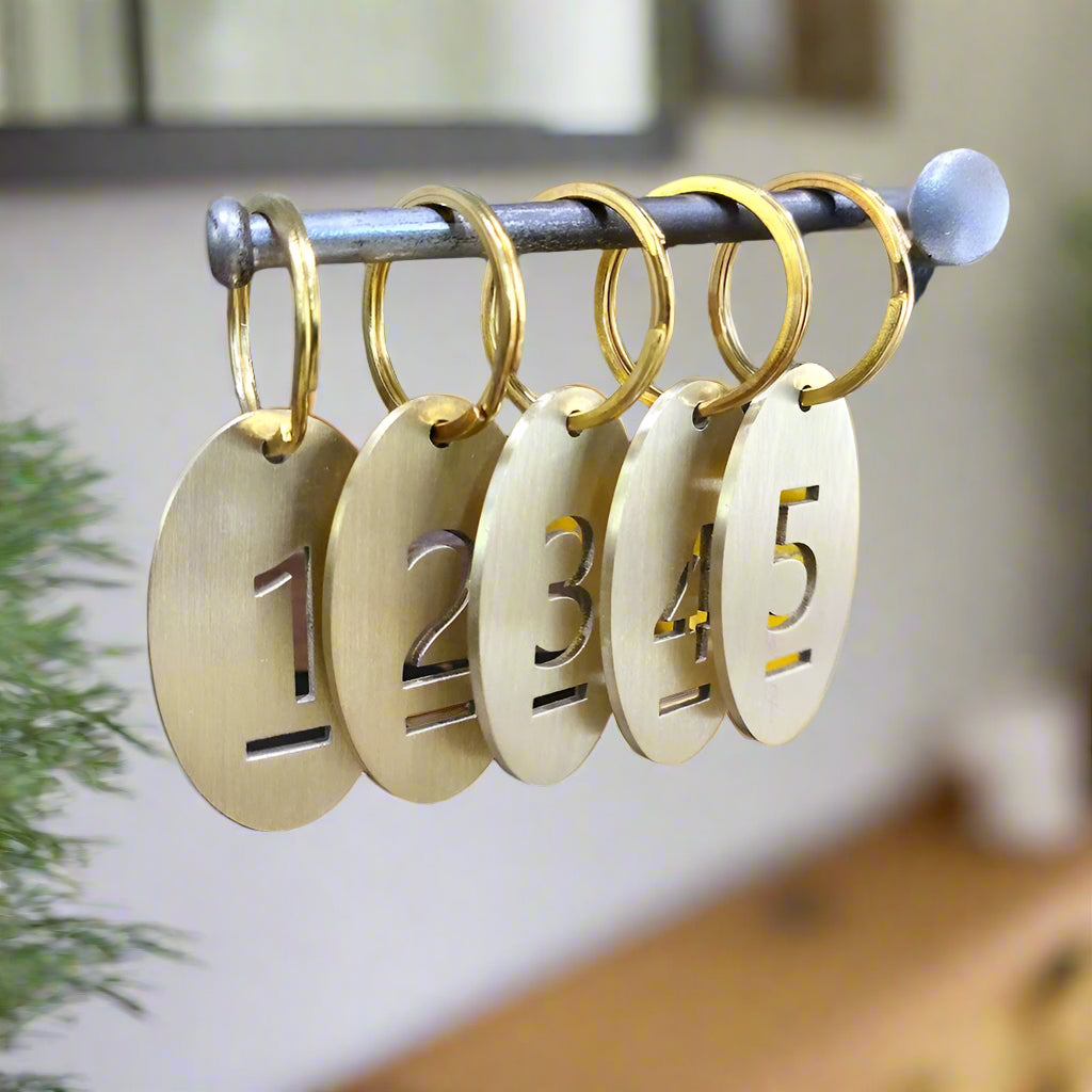 Oval Cut Out Numbered 1-10 Brass Tags with Key Rings