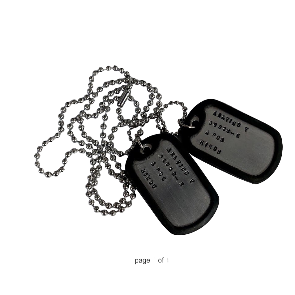 Metal dog tags on a white background with text