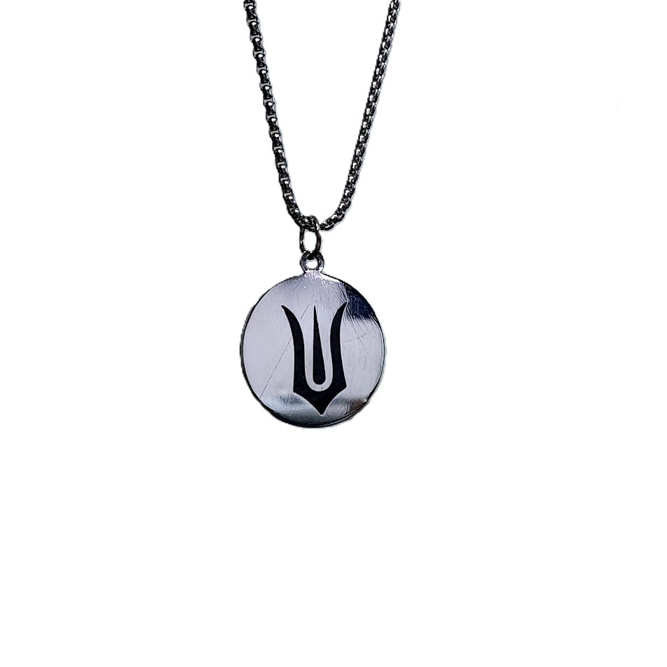 Silver necklace with a round pendant featuring a black symbol on a white background