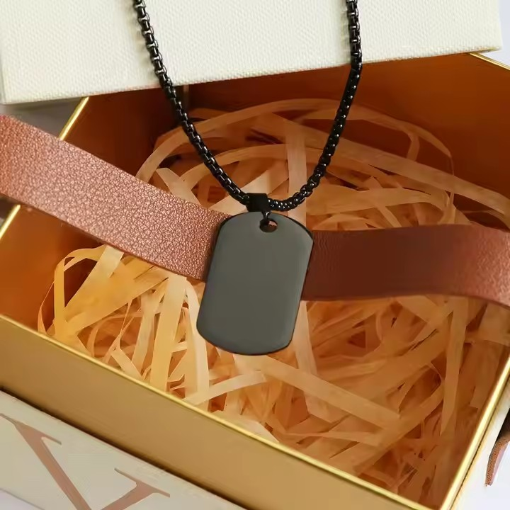 Classic Black Rectangle Tag Necklace for Men Non-Tarnish Stainless Steel Link Chain