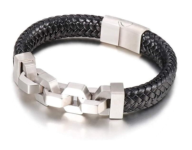 STREET SOUL Braided Leather Bracelet with Stainless Steel Chain Fastening Mens Bracelet