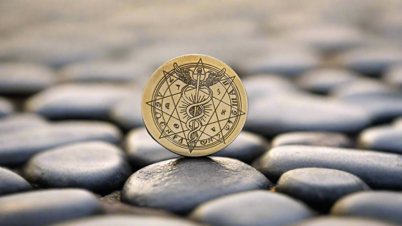 Decorative coin with intricate design on a dark background