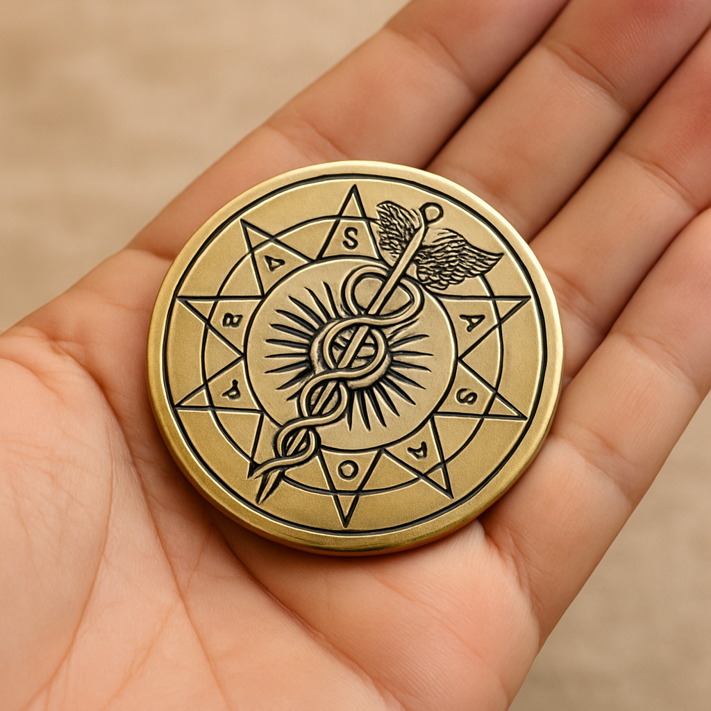 Gold coin with intricate design held in a hand against a beige background