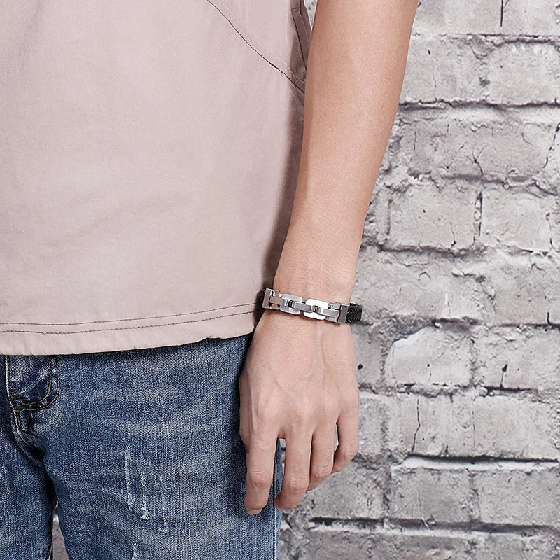 STREET SOUL Braided Leather Bracelet with Stainless Steel Chain Fastening Mens Bracelet