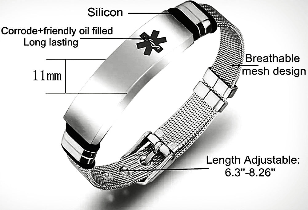 Stainless Stainless Steel Awareness Bracelet Adjustable Emergency