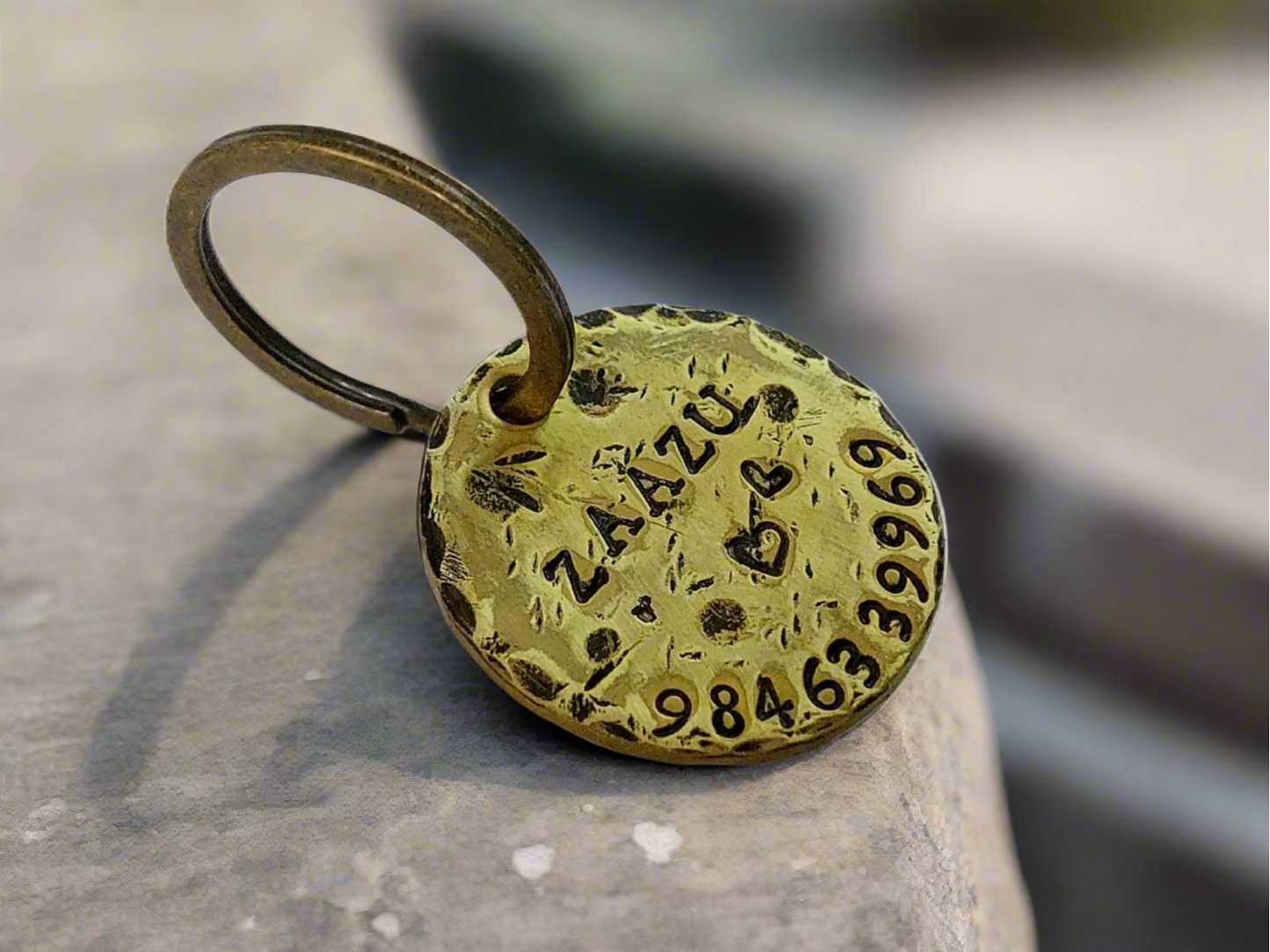 Brass Dog Name Tag Stamped to Imperfection in Various Sizes