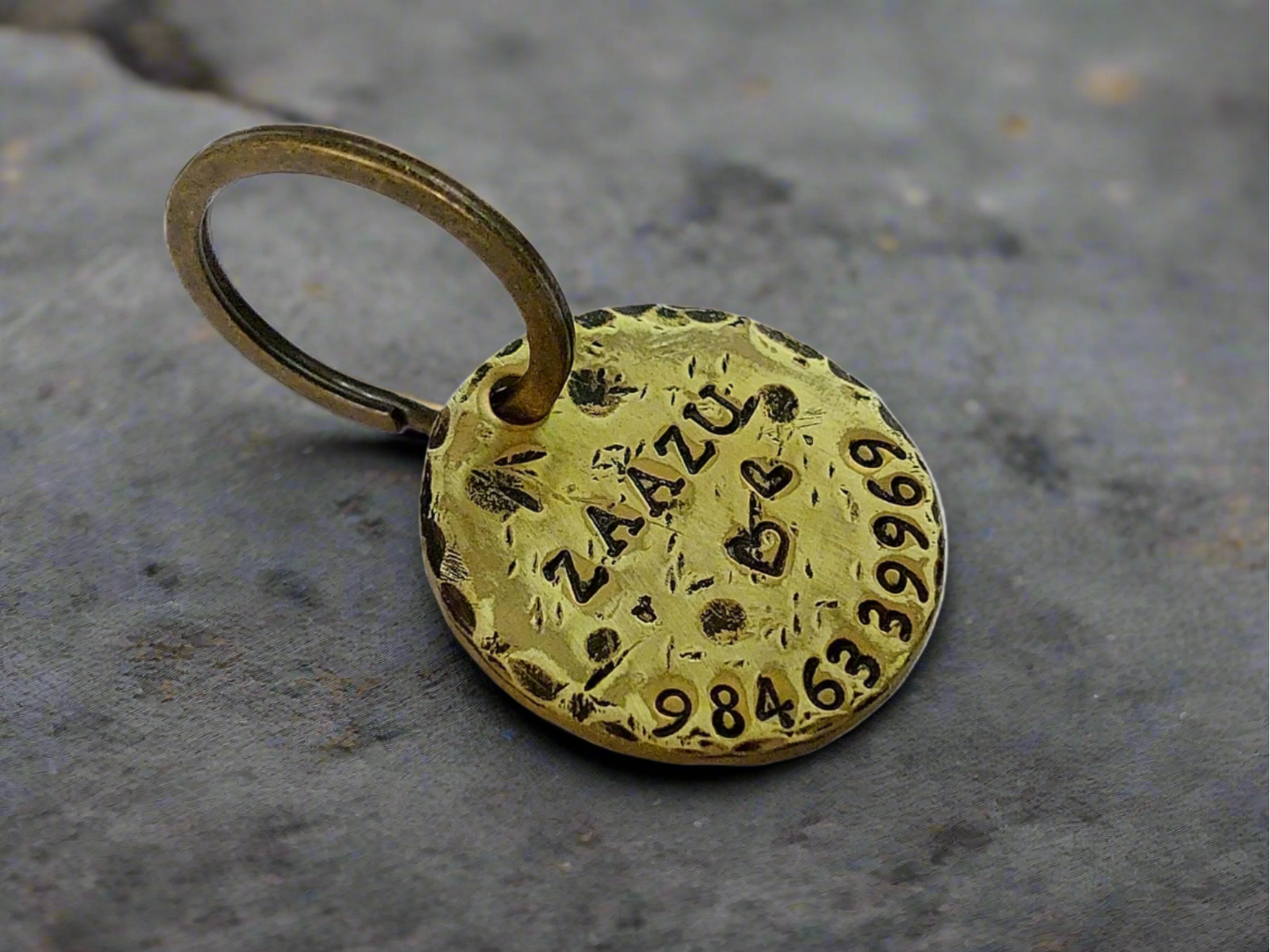 Brass Dog Name Tag Stamped to Imperfection in Various Sizes