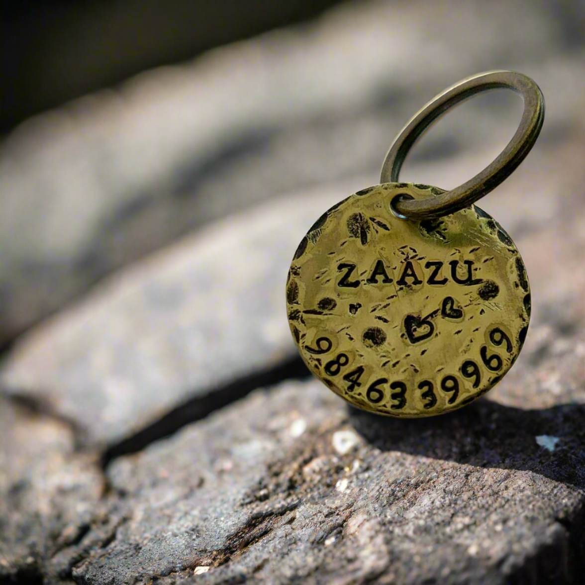 Brass Dog Name Tag Stamped to Imperfection in Various Sizes
