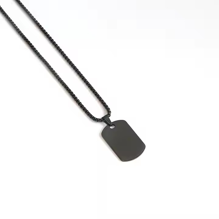 Classic Black Rectangle Tag Necklace for Men Non-Tarnish Stainless Steel Link Chain