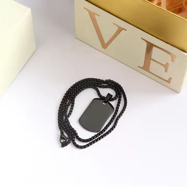 Classic Black Rectangle Tag Necklace for Men Non-Tarnish Stainless Steel Link Chain