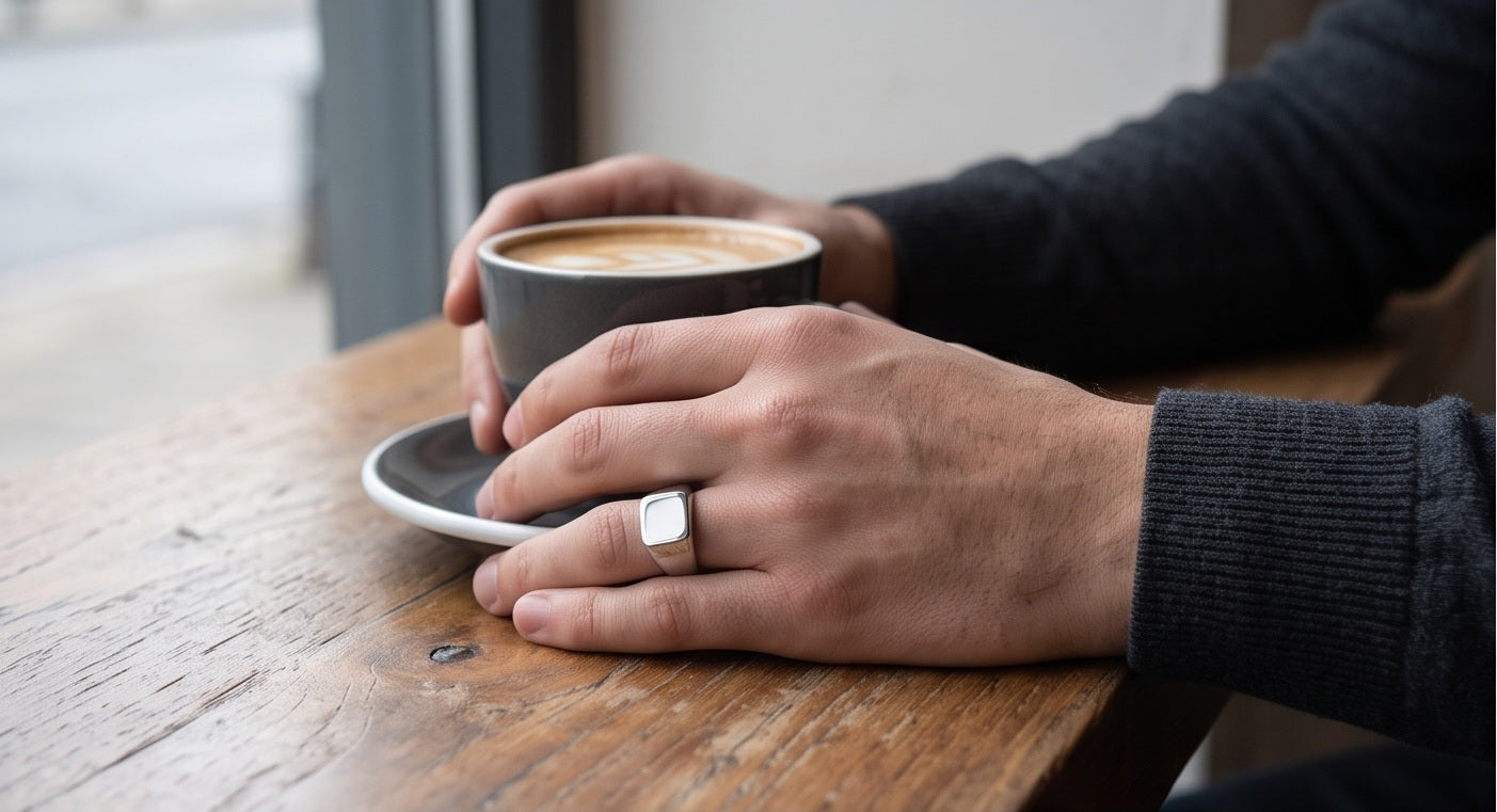 Signet Silver Steel Finger Ring - detail shot