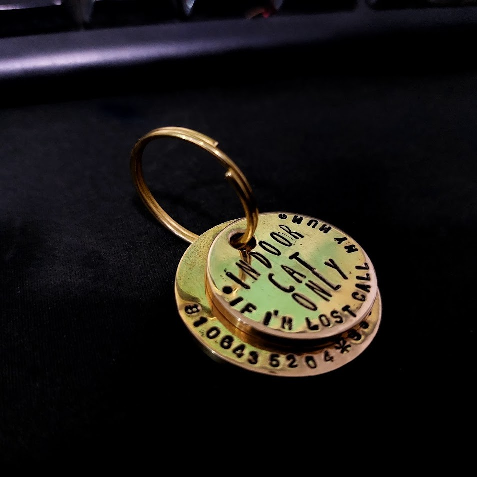 Cat Kitten pet hand stamped brass tag