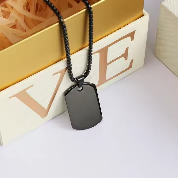 Classic Black Rectangle Tag Necklace for Men Non-Tarnish Stainless Steel Link Chain