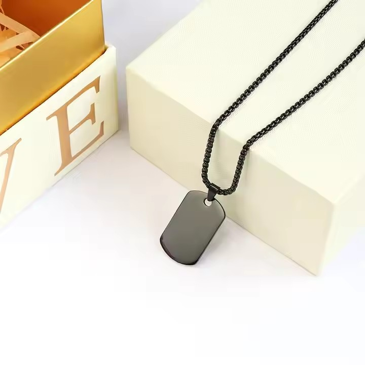 Classic Black Rectangle Tag Necklace for Men Non-Tarnish Stainless Steel Link Chain