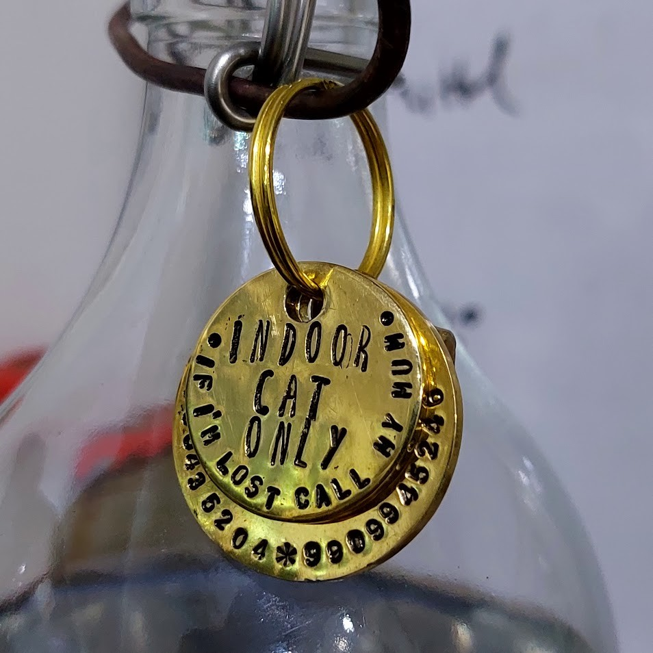 Cat Kitten pet hand stamped brass tag