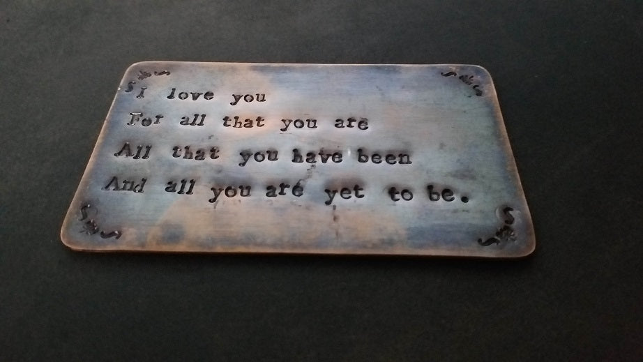Oxidized Wallet Insert Personalized Hand Stamped Wallet Insert Pure Copper Credit Card Size.