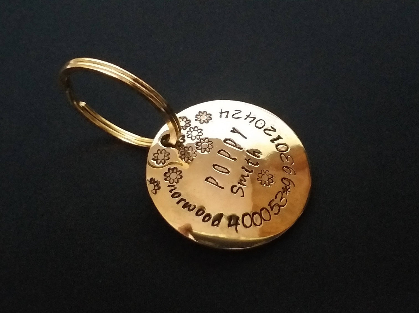 Dog name tag Pet ID Hand Stamped Brass Gold Circular Shaped Tag for Pet Dog, Cat ID Customized Dog Tag