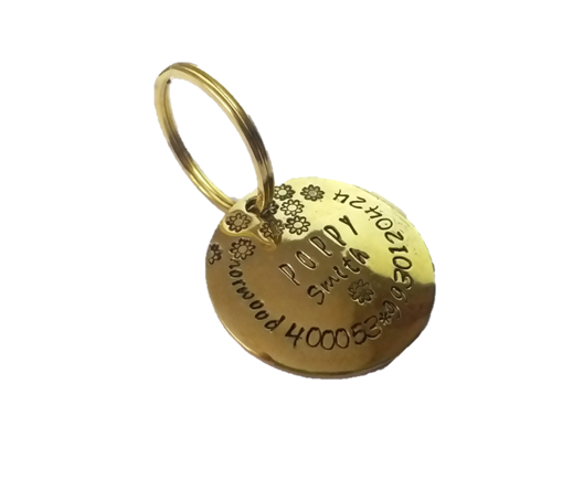 Dog name tag Pet ID Hand Stamped Brass Gold Circular Shaped Tag for Pet Dog, Cat ID Customized Dog Tag