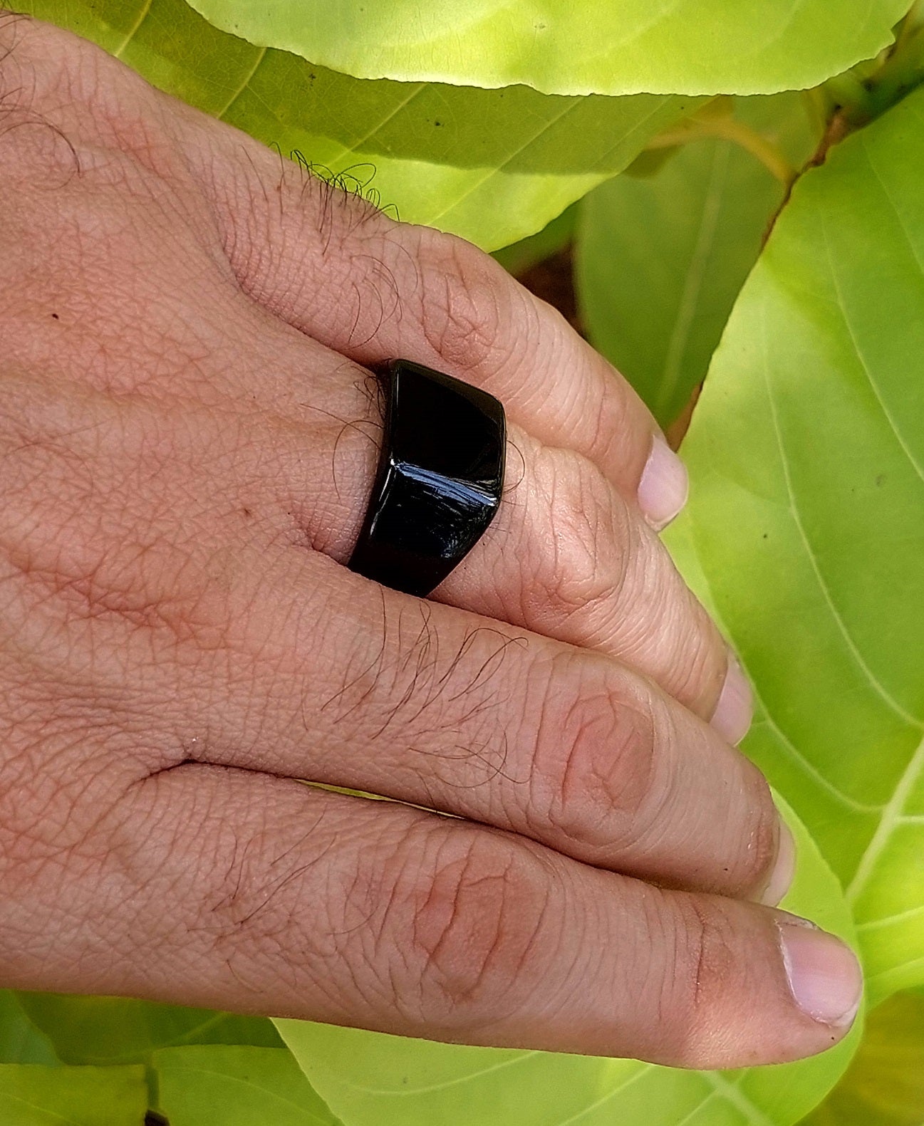 Classic Black Stone Ring - close up on hand