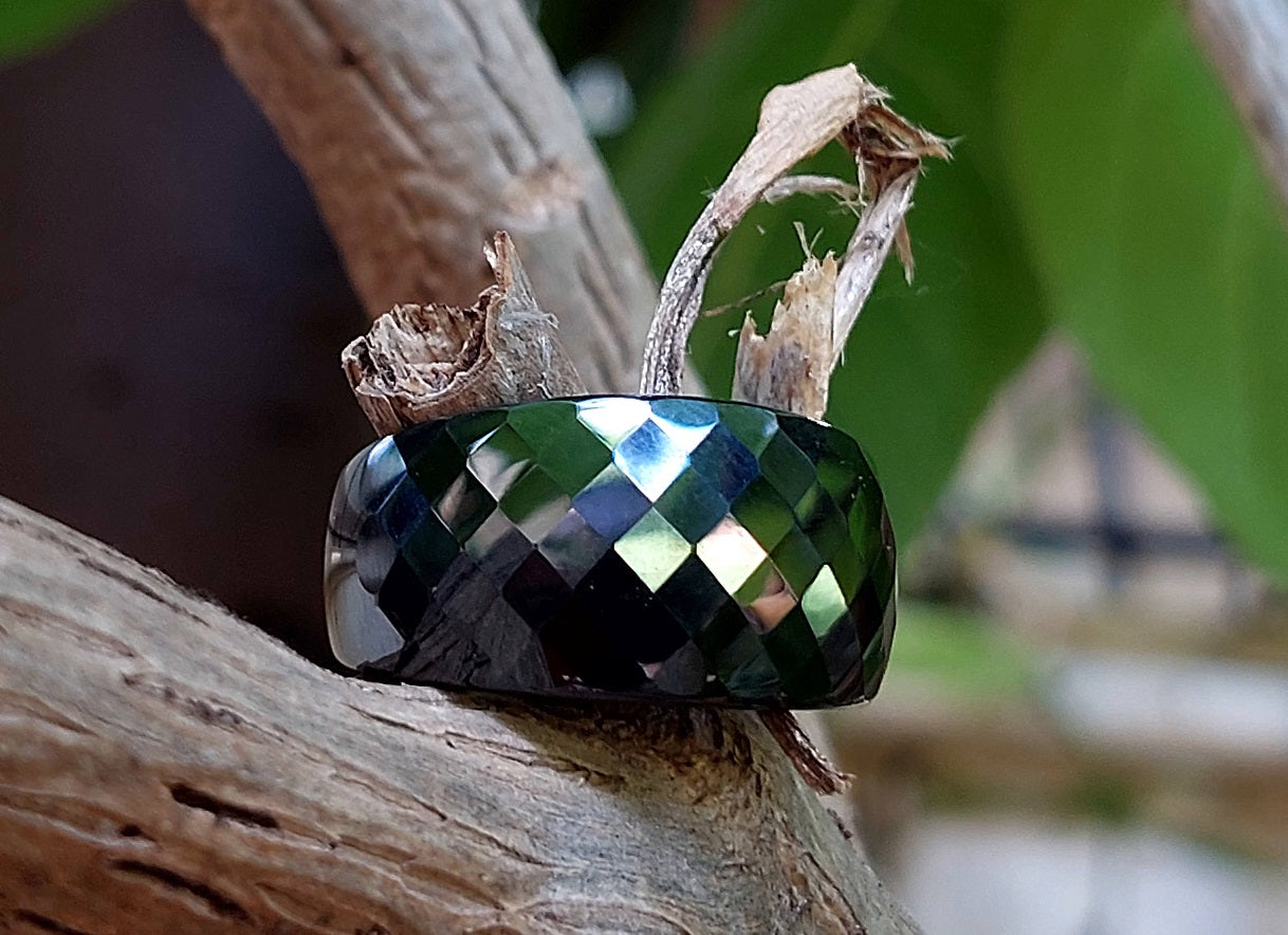 Classic Wide black ceramic ring wedged in tree bark, outdoor lifestyle shot