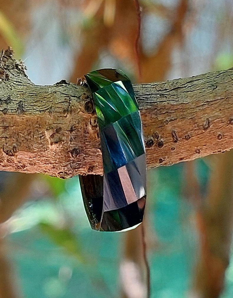 Classic Wide black ceramic ring hanging on a tree branch, outdoor lifestyle shot