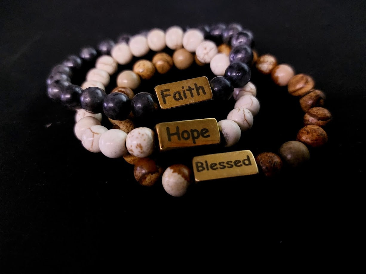 Bead bracelet Hope Faith Blessed Stretch Metal Plate Engraved Message Stone Bead Bracelet