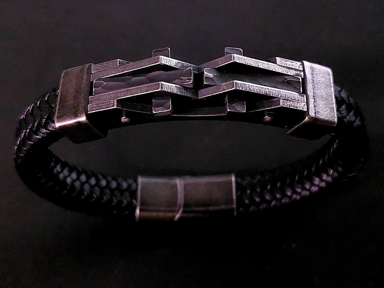 STREET SOUL Braided Leather Bracelet Geometric Steel Vintage Finish Mens Bracelet