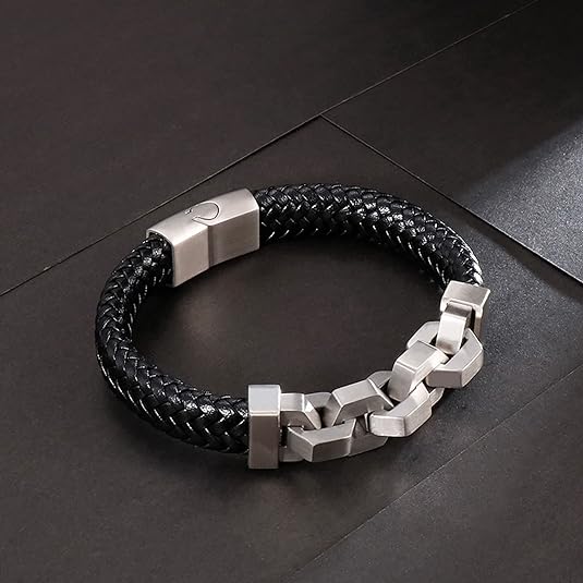 STREET SOUL  Braided Leather Bracelet with Stainless Steel Chain Fastening Mens Bracelet