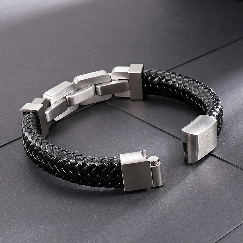 STREET SOUL  Braided Leather Bracelet with Stainless Steel Chain Fastening Mens Bracelet