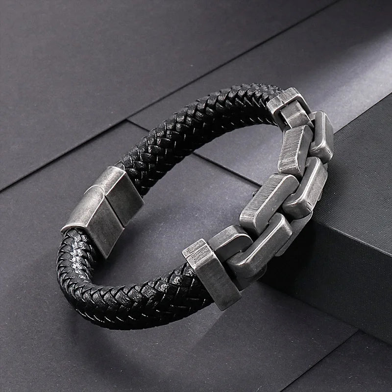 STREET SOUL  Braided Leather Bracelet with Stainless Steel Vintage Chain Fastening Mens Bracelet