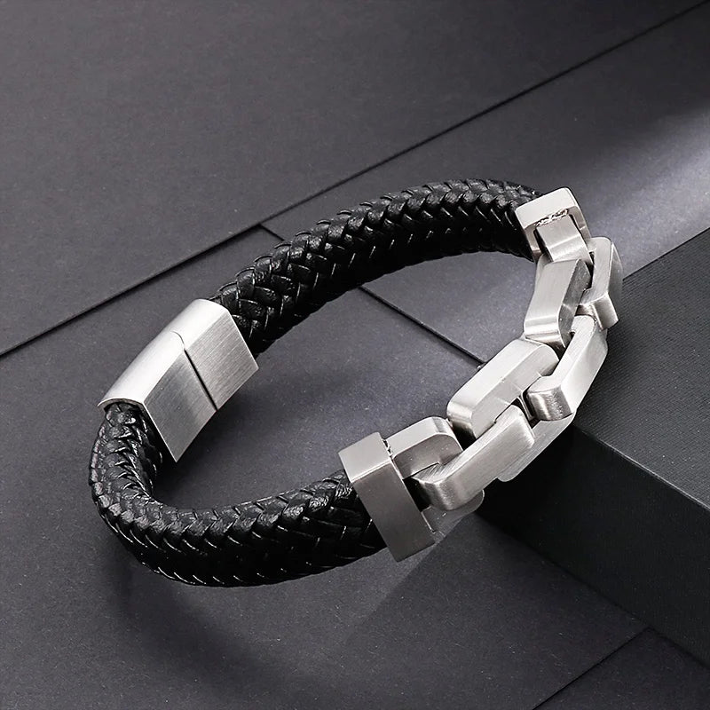 STREET SOUL  Braided Leather Bracelet with Stainless Steel Chain Fastening Mens Bracelet