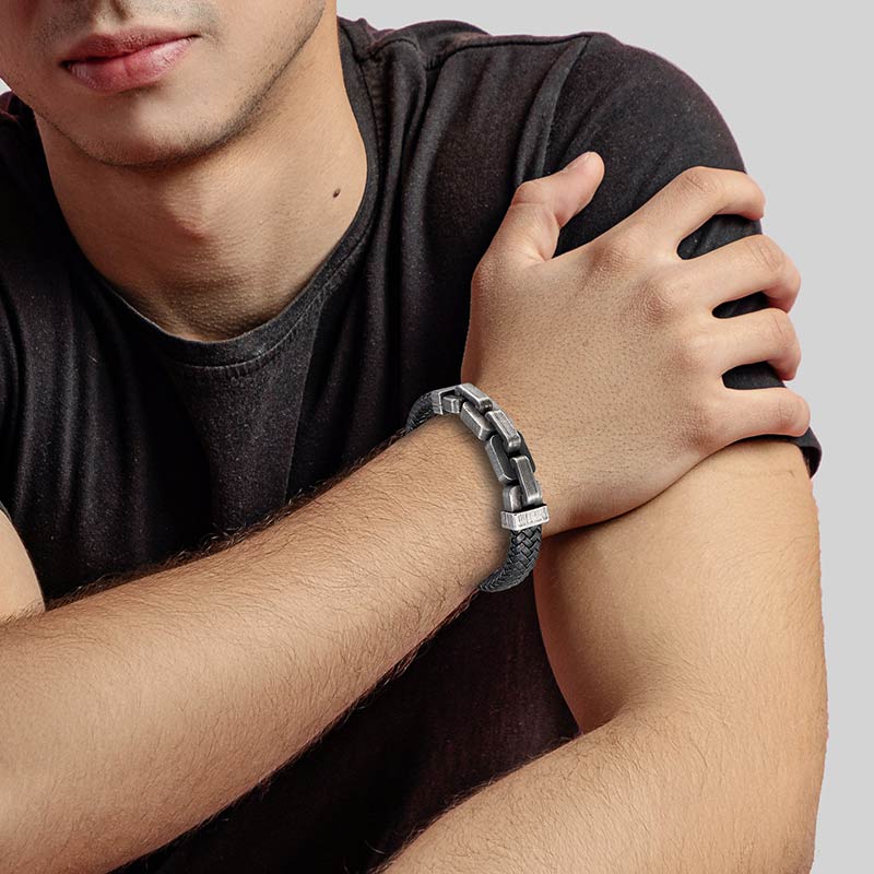 STREET SOUL  Braided Leather Bracelet with Stainless Steel Vintage Chain Fastening Mens Bracelet