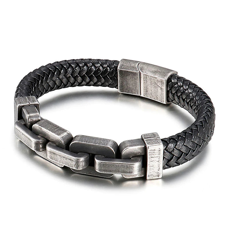 STREET SOUL  Braided Leather Bracelet with Stainless Steel Vintage Chain Fastening Mens Bracelet