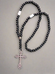 Wooden beads with stainless steel metal beads 2 qty and vintage cross necklace 18 inches length
