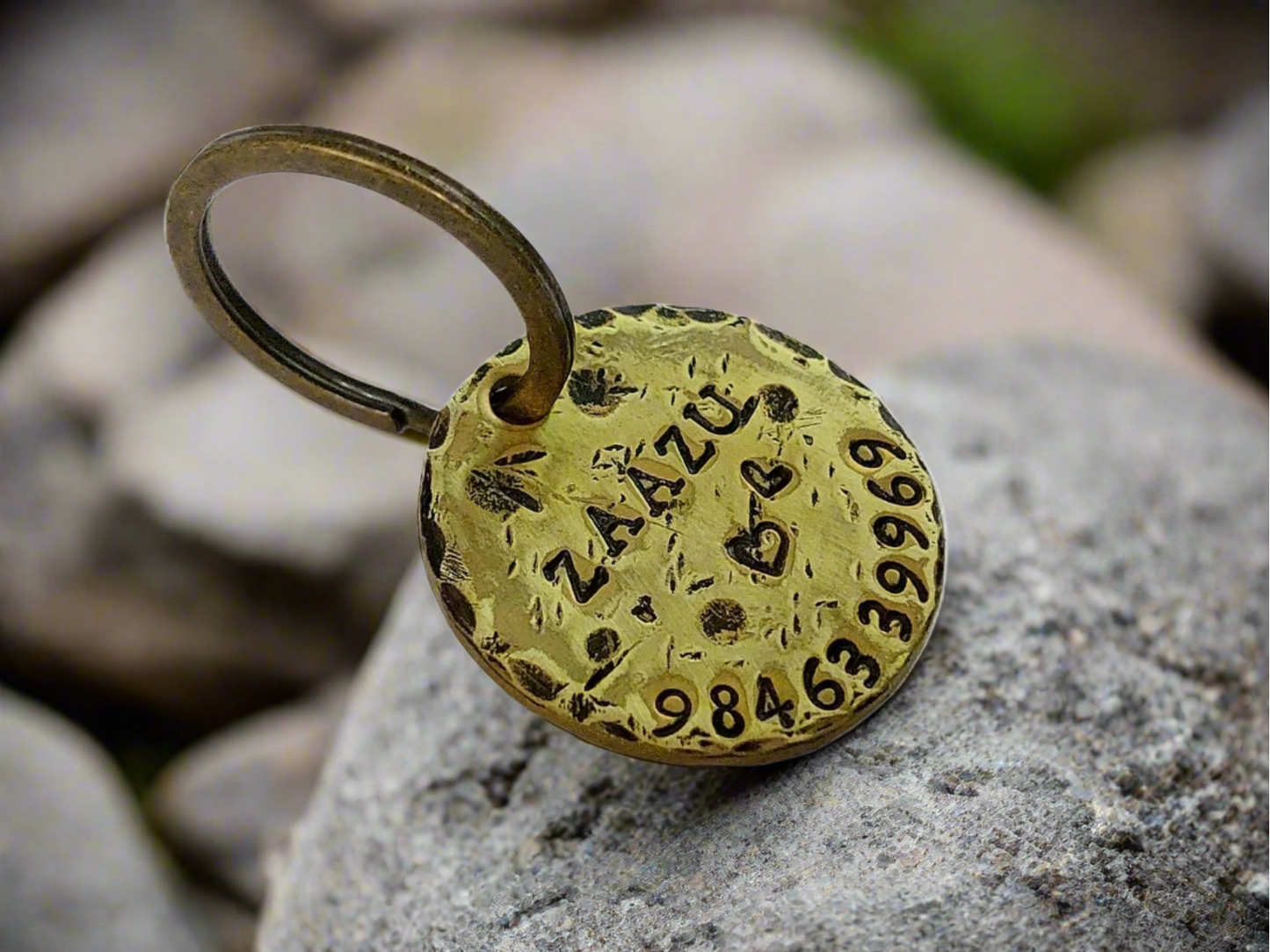 Brass Dog Name Tag Stamped to Imperfection