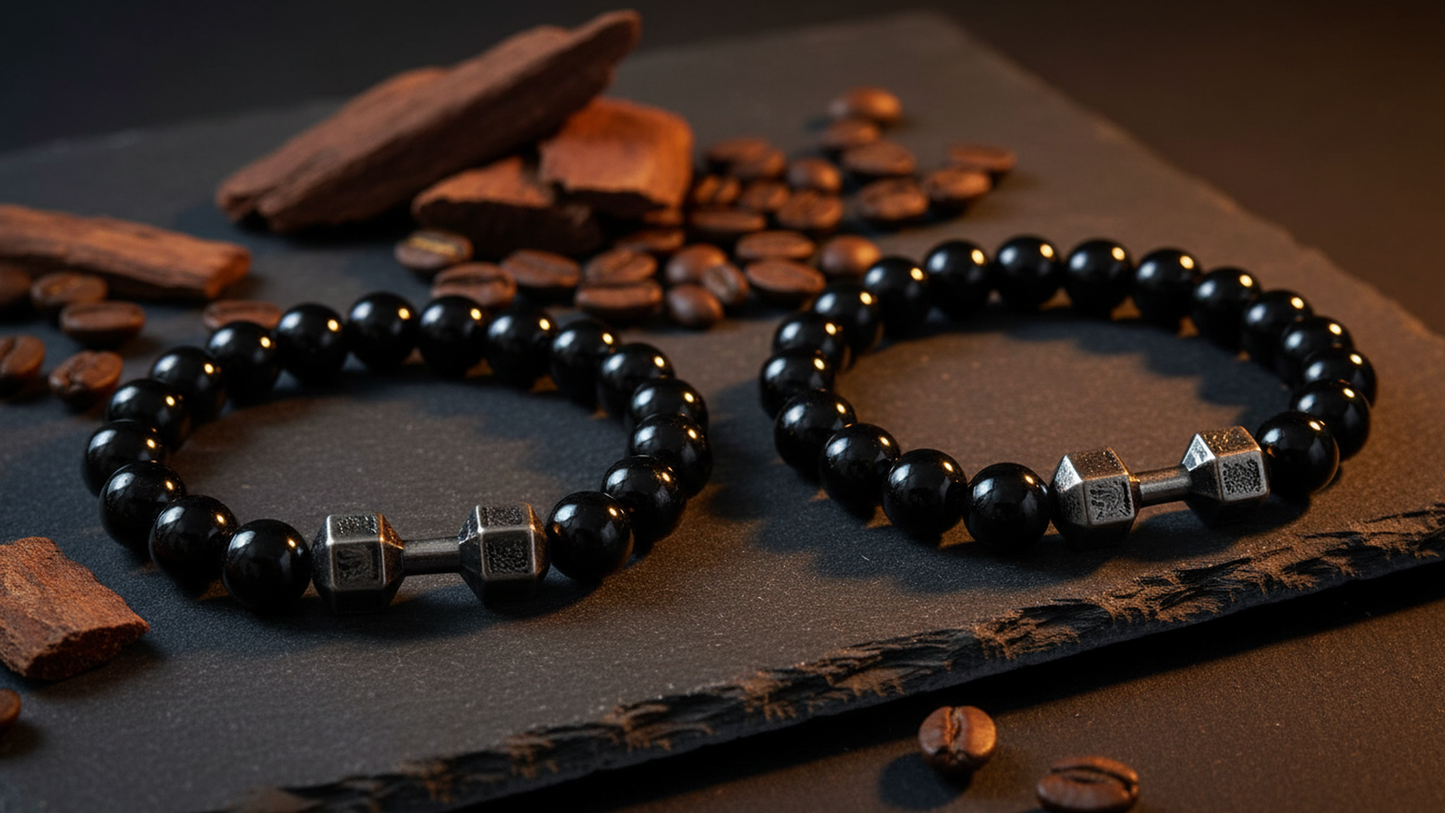 Dumbbell Bead Bracelet Stylish Leather Wrist Band Pack of 2 for Men.