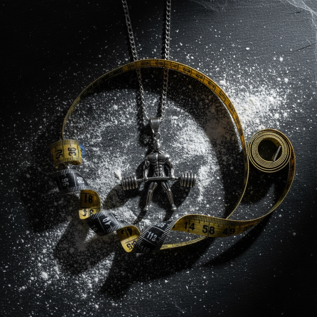 Weightlifter pendant necklace flat lay on dark slate with chalk powder and measuring tape, overhead gym aesthetic